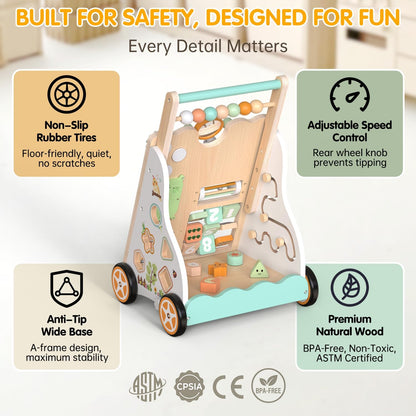 Weilim Wooden Baby Walker, 10-in-1 Montessori Push Walker for Toddlers 1+ Activity Center with Xylophone, Shape Sorter, Gears | Adjustable Speed & Height | Natural Wood Learning Walking Toy