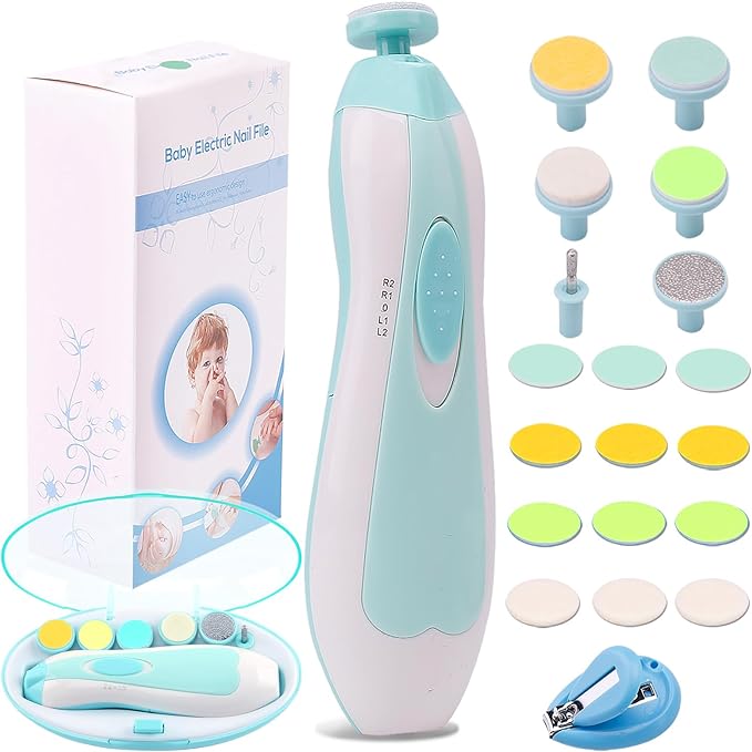 Baby Nail File Electric Nail Trimmer Manicure Set with Nail Clippers, Toes Fingernails Care Trim Polish Grooming Kit Safe for Infant Toddler Kids or Women, LED Light and 10 Grinding Heads (White/Teal)