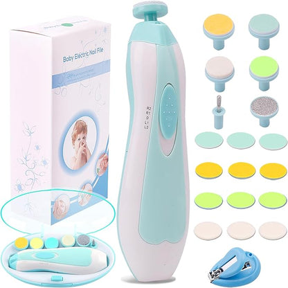 Baby Nail File Electric Nail Trimmer Manicure Set with Nail Clippers, Toes Fingernails Care Trim Polish Grooming Kit Safe for Infant Toddler Kids or Women, LED Light and 10 Grinding Heads (White/Teal)