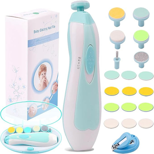 Baby Nail File Electric Nail Trimmer Manicure Set with Nail Clippers, Toes Fingernails Care Trim Polish Grooming Kit Safe for Infant Toddler Kids or Women, LED Light and 10 Grinding Heads (White/Teal)
