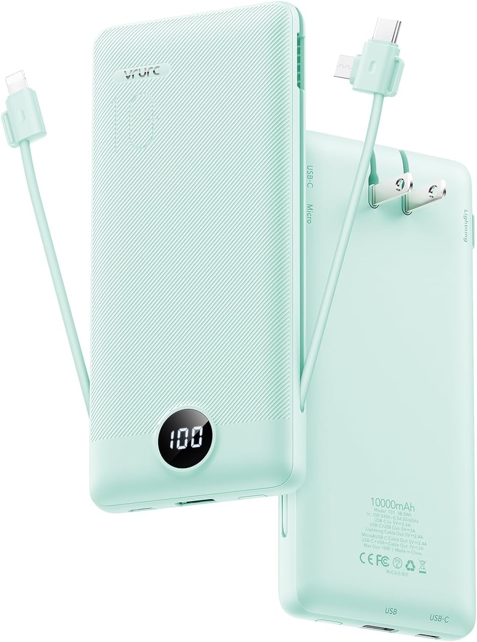 Portable Charger Built-in Cables and AC Wall Plug, VRURC USB C Power Bank 10000mAh, [2025 Upgraded Version] Phone Charger Compact Lightweight External Battery Pack for Smart Phones,Navy Blue