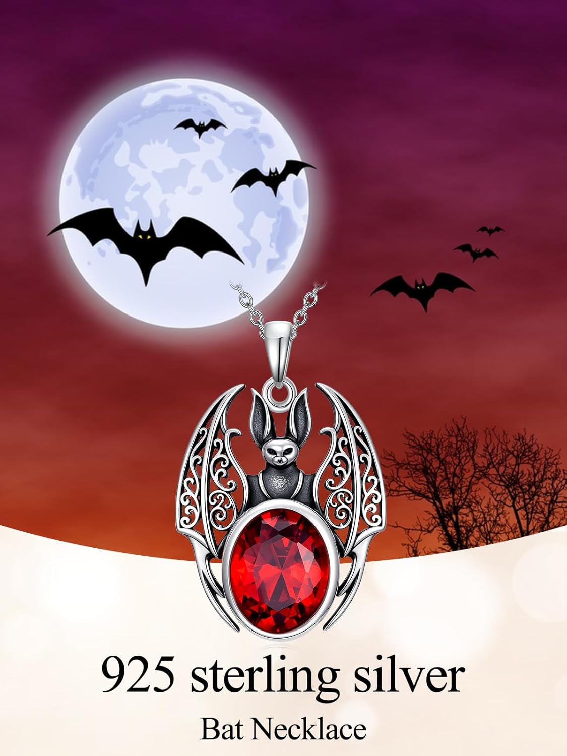 POTOPYY Bat Necklace for Women Sterling Silver Gothic Jewelry Bat Pendant, Goth Necklace With Crystal Red Stone Halloween Christmas Gifts for Women Mom Daughter Friend