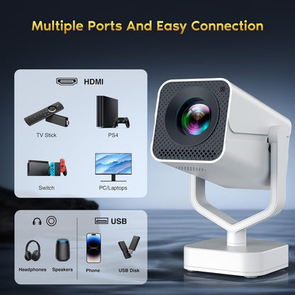【Short Throw/Built-in Apps】 1080P Smart Mini Projector with WiFi 6 and Bluetooth, Auto Keystone Outdoor Movie Projector, 270°Adjustable Home Portable Projector for Phone/TV Stick/Laptop/HDMI