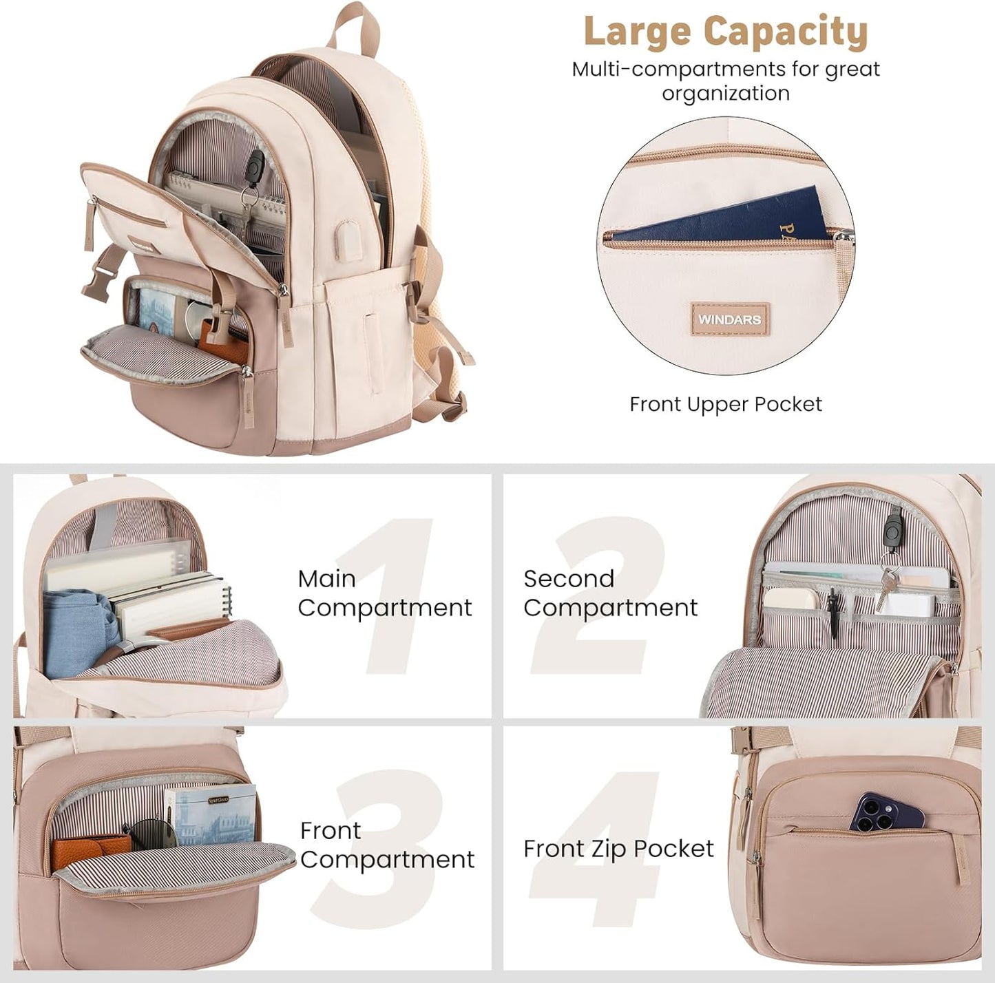 WINDARS Backpack for School Girls, Cute High School Backpacks for Teens Women Student Large Bookbag 15.6 Inch Laptop Bag with USB Charger Port for College Work Travel Trip (Beige Khaki)