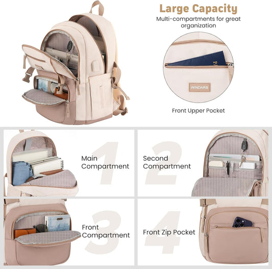 WINDARS Backpack for School Girls, Cute High School Backpacks for Teens Women Student Large Bookbag 15.6 Inch Laptop Bag with USB Charger Port for College Work Travel Trip (Beige Khaki) - PuriLite