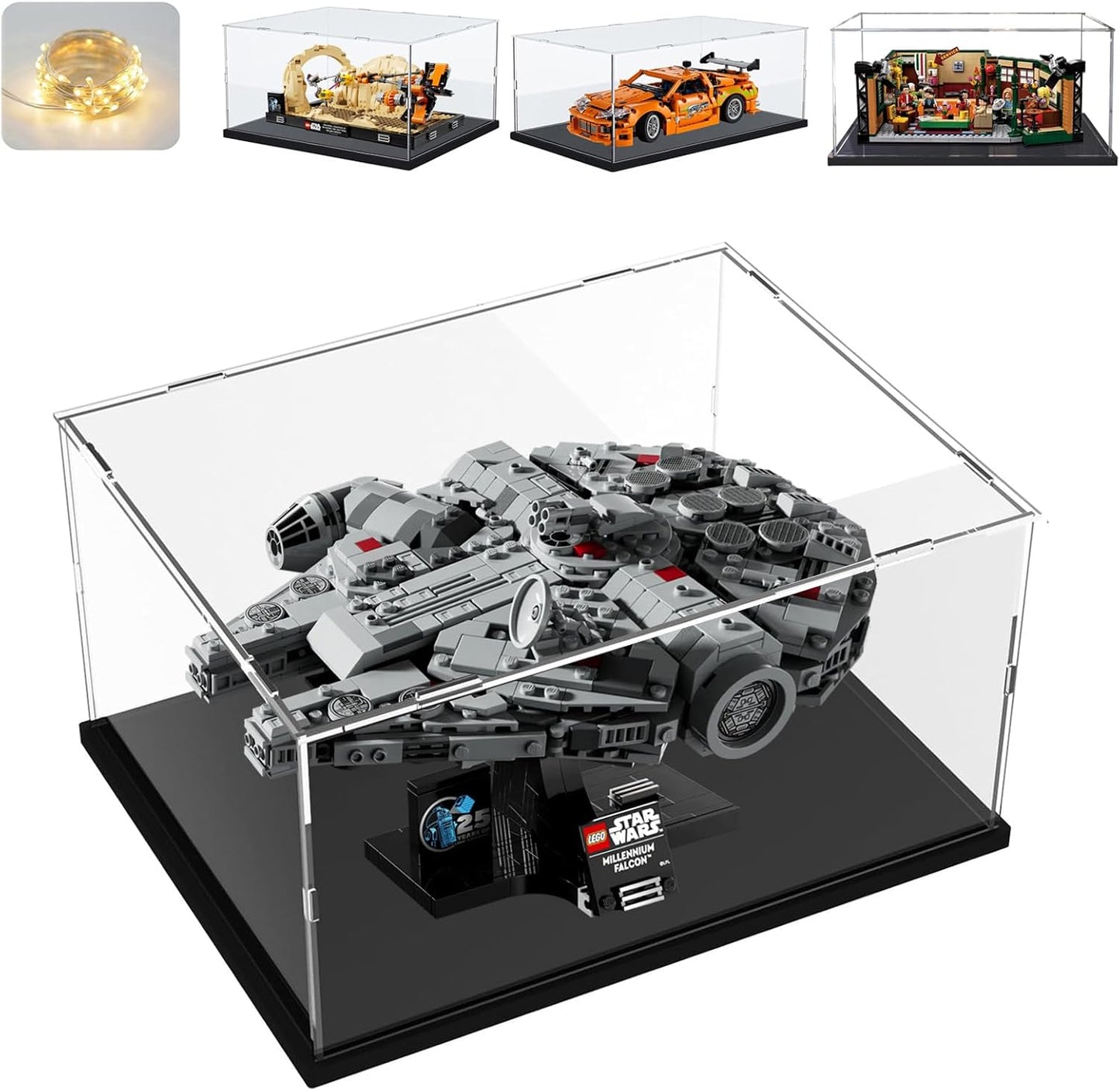 Thickened Clear Acrylic Display Case for Lego 10330 43268 76450 42170 10295 10353 Collectibles, Transparent Box Dustproof Protection with Wood-Plastic Base & String Light, Black Inside 40x20x20cm