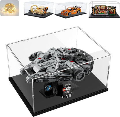 Thickened Clear Acrylic Display Case for Lego 10330 43268 76450 42170 10295 10353 Collectibles, Transparent Box Dustproof Protection with Wood-Plastic Base & String Light, Black Inside 40x20x20cm