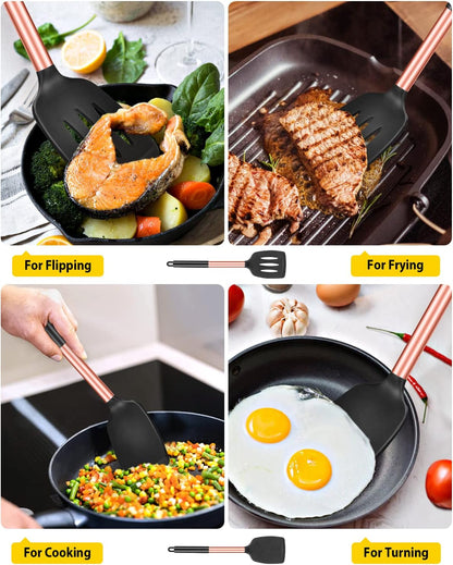 Pack of 2 Silicone Slotted Spatula,Non Stick Solid Kitchen Turner, High Heat Resistant BPA Free Cooking Utensils for Fish, Eggs, Pancakes（Black
