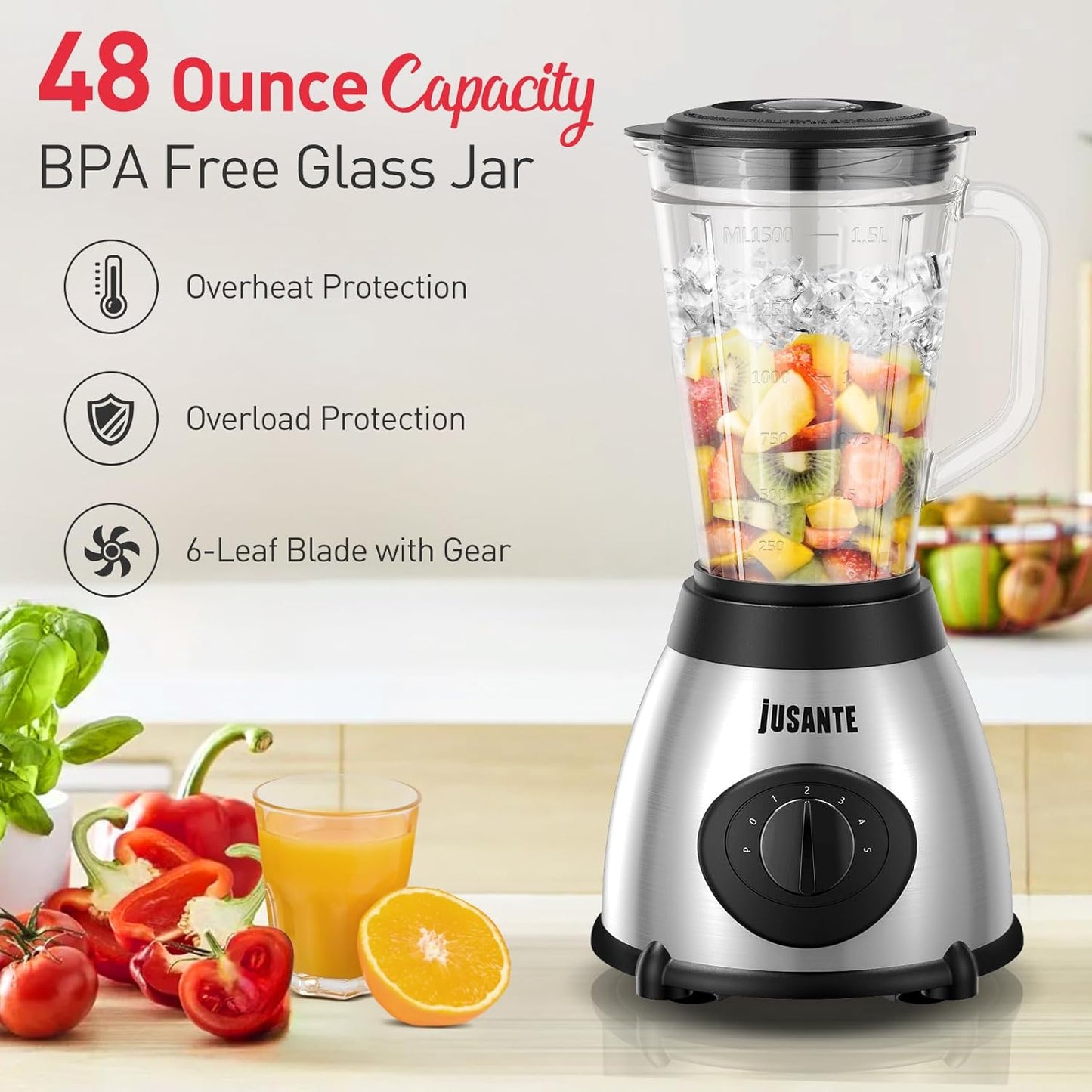 JUSANTE Smoothie Blender, 1000W Professional Kitchen Blender with Glass Jar for Shakes & Smoothies High Speed Countertop Blender for Ice Frozen Drinks