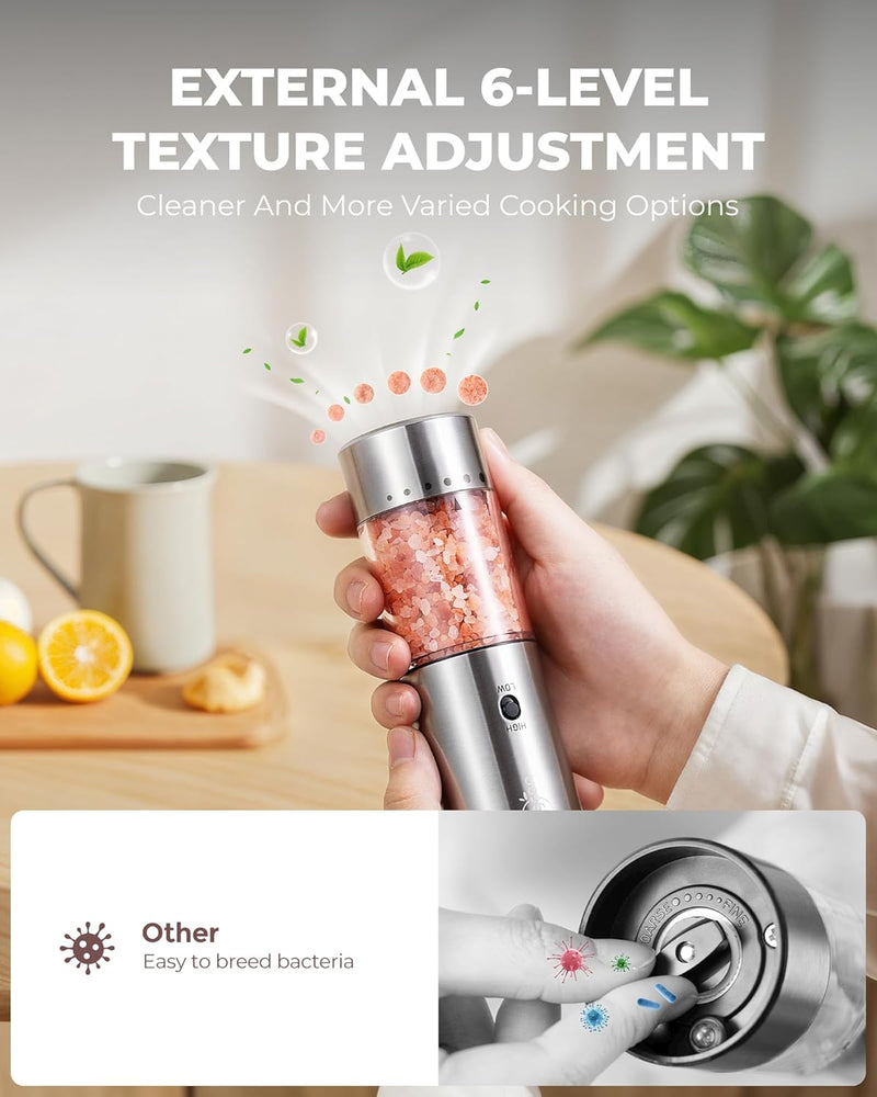 Sangcon 2-Speed Rechargeable Electric Salt and Pepper Grinder Set, 6 External Adjustable Coarseness Levels, Automatic Salt & Pepper Mill Shakers Set with Storage Base, One-Handed Operation, Silver