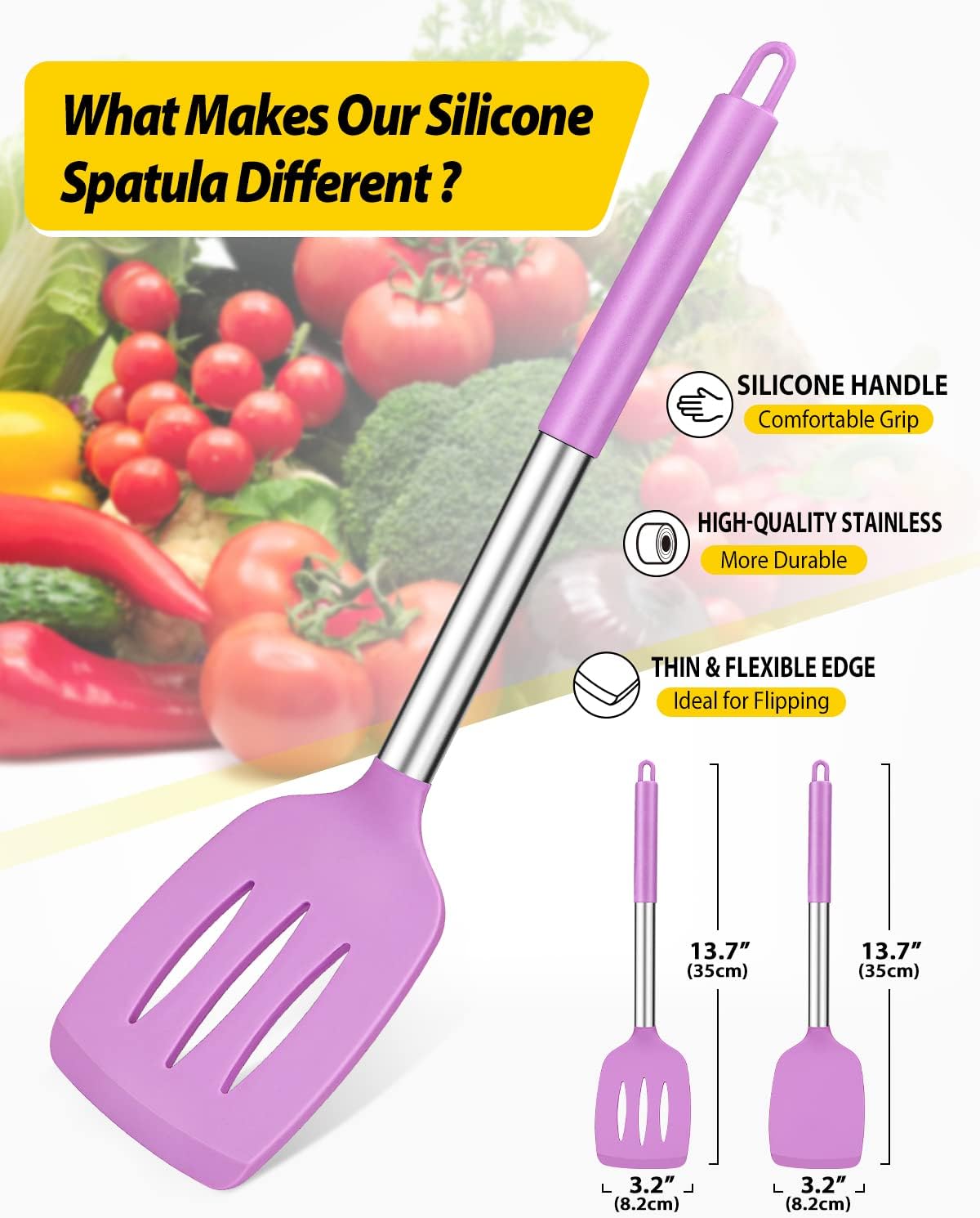 Pack of 2 Silicone Slotted Spatula,Non Stick Solid Kitchen Turner, High Heat Resistant BPA Free Cooking Utensils for Fish, Eggs, Pancakes（Black