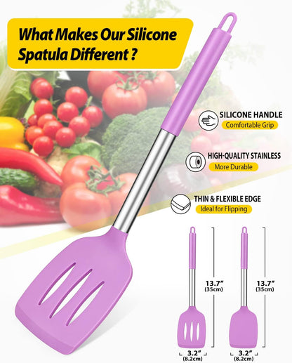 Pack of 2 Silicone Slotted Spatula,Non Stick Solid Kitchen Turner, High Heat Resistant BPA Free Cooking Utensils for Fish, Eggs, Pancakes（Black