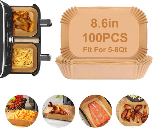 Air Fryer Liners,100Pcs 8.6" Square Air Fryer Parchment Paper Liners for 3 to 8 QT Baskets, Non-Stick & Oil Proof and Food Grade Baking Alternative to Foil for Easy Cleanup