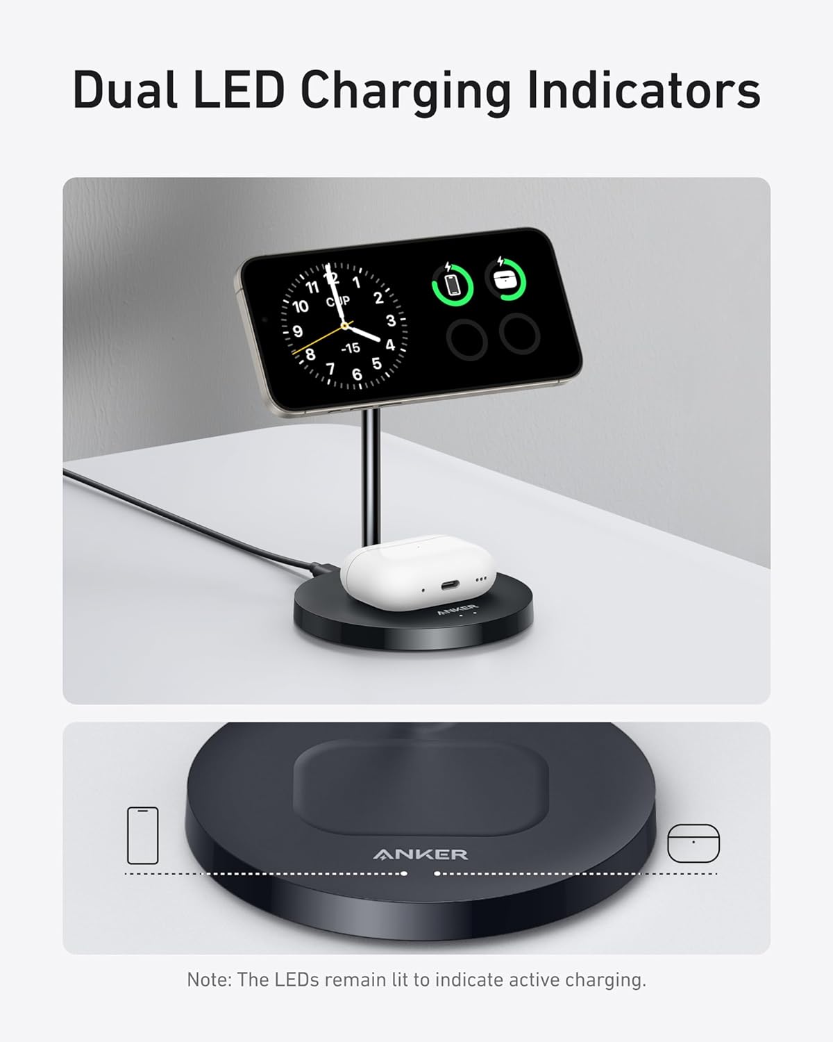 Anker MagSafe Compatible MagGo Charger Stand, iPhone 16 Wireless Charger, 2-in-1 Charging Station, Qi2 Certified 15W Max Charging, for iPhone 16/15/14/13/12, AirPods Pro (White, with 40W Adapter)