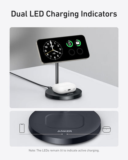 Anker MagSafe Compatible MagGo Charger Stand, iPhone 16 Wireless Charger, 2-in-1 Charging Station, Qi2 Certified 15W Max Charging, for iPhone 16/15/14/13/12, AirPods Pro (White, with 40W Adapter)