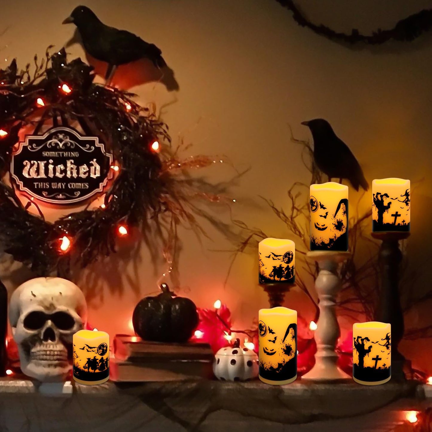 6 Pack Halloween LED flameless Candles, Featuring a timed Remote Control,Perfect for Trick-or-Treating LED Candles，Halloween Spooky.