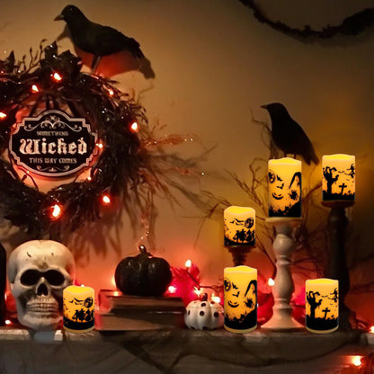 6 Pack Halloween LED flameless Candles, Featuring a timed Remote Control,Perfect for Trick-or-Treating LED Candles，Halloween Spooky.