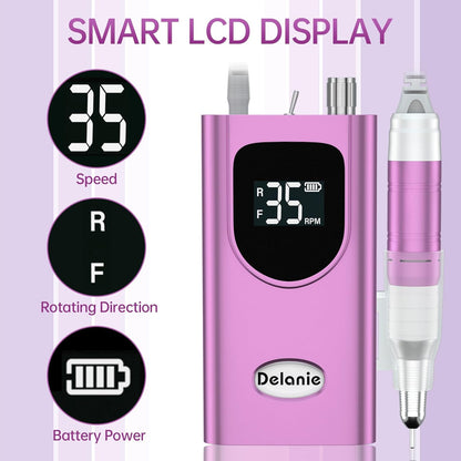 Delanie Professional Nail Drill High Torque 35000 RPM Rechargeable Portable Electric Nail File for Acrylic & Gel, High Speed, Low Heat, Low Vibration, Rose Gold
