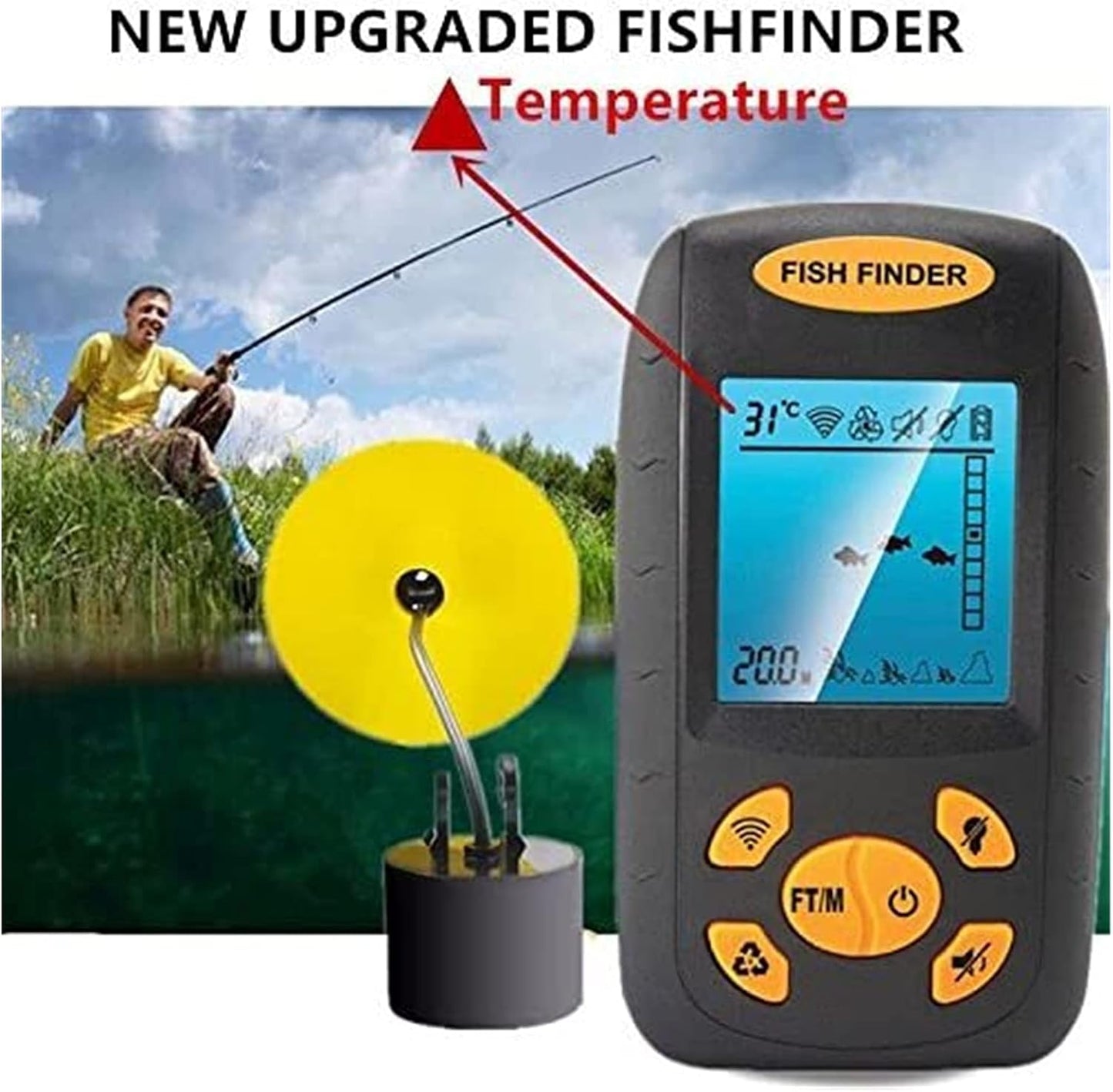 New Sonar Fish Finder Fishing Depth Sonar Sensor Alarm Transduce for Pontoon Boats Lake Rail