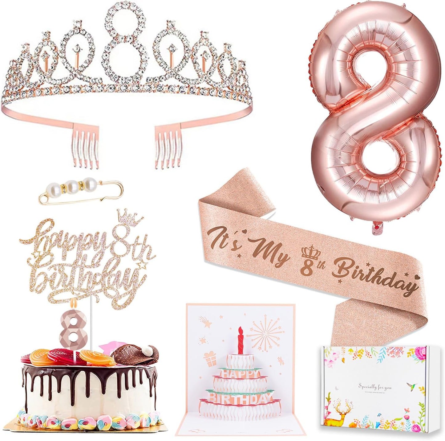 8pcs 40th Birthday Decorations gifts for Women, Including 40th Happy Birthday Cake Topper, Queen Sash with Pearl Pin, Sweet Rhinestone Tiara Crown for Women, Number Candles and Balloons (Rose Gold)