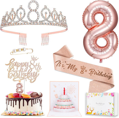 8pcs 40th Birthday Decorations gifts for Women, Including 40th Happy Birthday Cake Topper, Queen Sash with Pearl Pin, Sweet Rhinestone Tiara Crown for Women, Number Candles and Balloons (Rose Gold)
