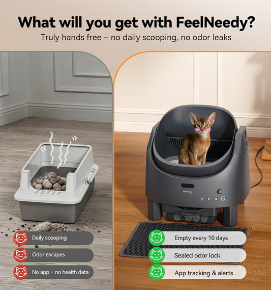 Automatic Cat Litter Box, FeelNeedy Self Cleaning Litter Box with App Control,Odor-Free Safety Sensor Design for 1-3 Cats,Open-Top Smart Litter Box Includes Waste Bags,litière automatique Pour Chat