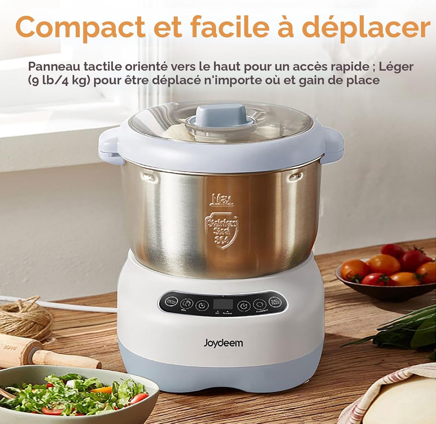 Joydeem JD-HMJ7L Machine à pâte électrique avec fonction de fermentation, minuterie pour micro-ordinateur, panneau tactile face vers le haut, 6,6 l, acier inoxydable 304
