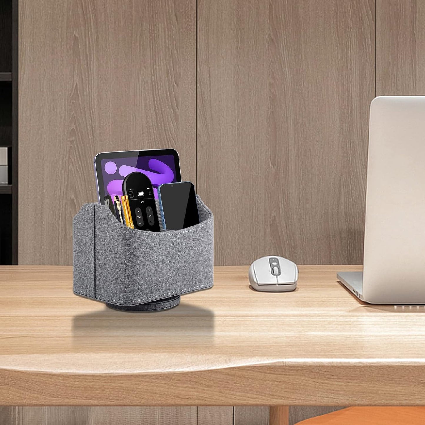 360°Rotatable TV Remote Caddy, PU Leather Multifunctional Remote Control Holder,Office Remote Tray Desk Organizers/Storage Box for Ipad Mini/Pen/Mobile Phone/Media Nightstand Organizer,Grey
