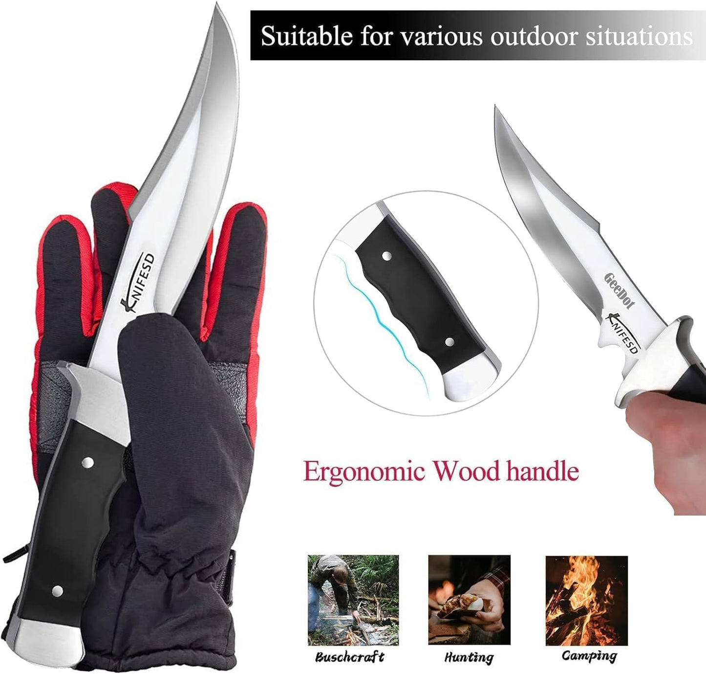 Omesio Fixed Blade Knives with Sheath Hunting Knife Bushcraft Knives Skinning Knife Deer Hunting Knives, Full Tang Big Camping Outdoor (B-Red)