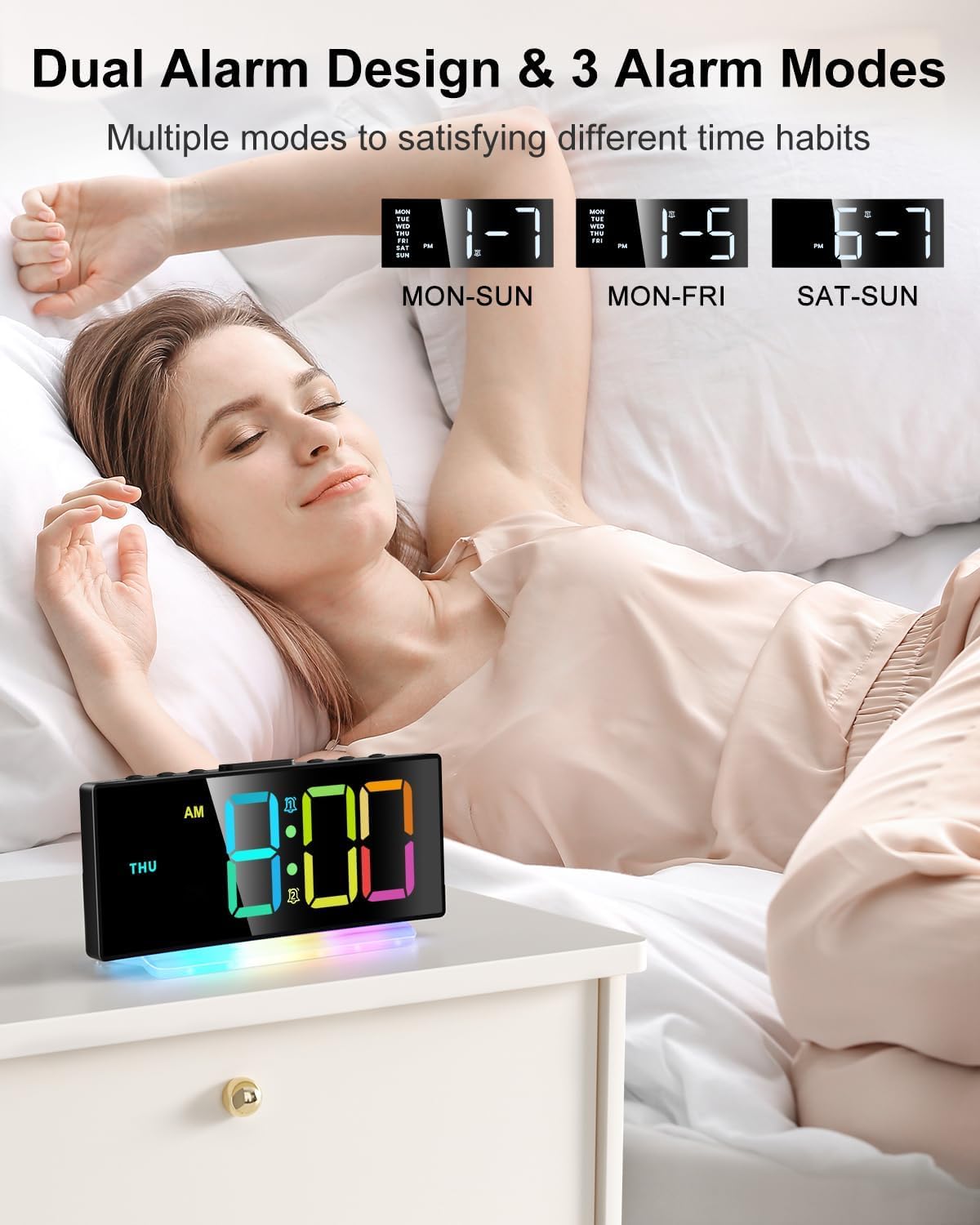 YUNJAYI Kids Alarm Clock for Bedroom, Dynamic RGB LED Digital Clock Large Display with 7 Color Night Lights, Dual Alarm Clocks Bedside, Snooze, 4 Levels Brightness, 3 Volume, 12/24H, Power-Off Memory