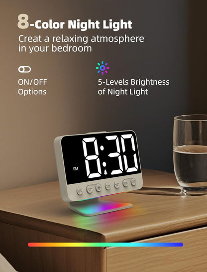 Odokee Digital Alarm Clocks for Bedrooms: Large Bold Number 5 Brightness Dimmer - Easy to Read Across The Room - 5 Alarm Sound 8 Night Light - Silver