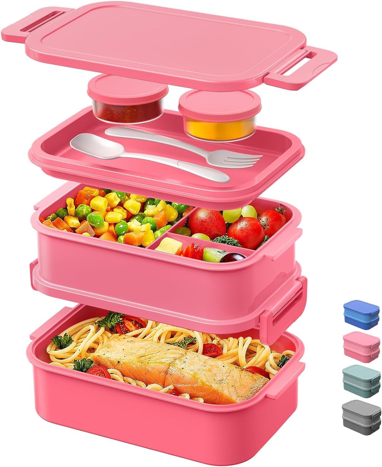 JSCARES Lunch Box Adults Bento Box - All-in-One Stackable 74 OZ Lunch Box Containers for Adult Large Bento Box with Fork Spoon Sauce Boxes, Leakproof Lunchbox for Work School Dining Out (Green)