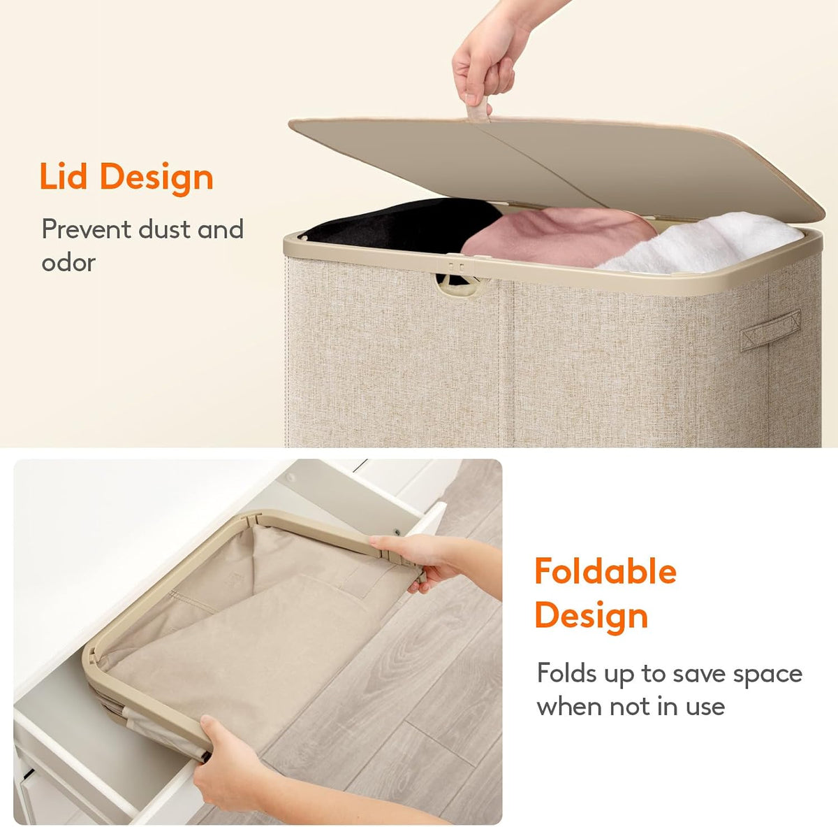 Lifewit 185L Large 3 Section Pop-Up Laundry Hamper with Lid, Beige