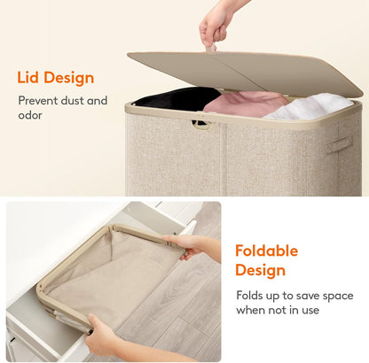 Lifewit 185L Large 3 Section Pop-Up Laundry Hamper with Lid, Beige
