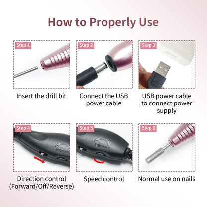 JODSONE Professional Electric Nail Drill 20000RPM Low Noise Work efficiently with 6 Replacement Drills for Salon and Home Use