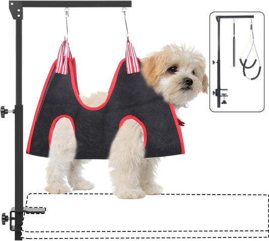 KELIXU Dog Grooming Arm with Clamps, Pet Grooming Table Arm with Hammock Harness &Two No Sit Haunch Holder, Adjustable Pet Grooming Supplies for Small/Medium Pets, Black
