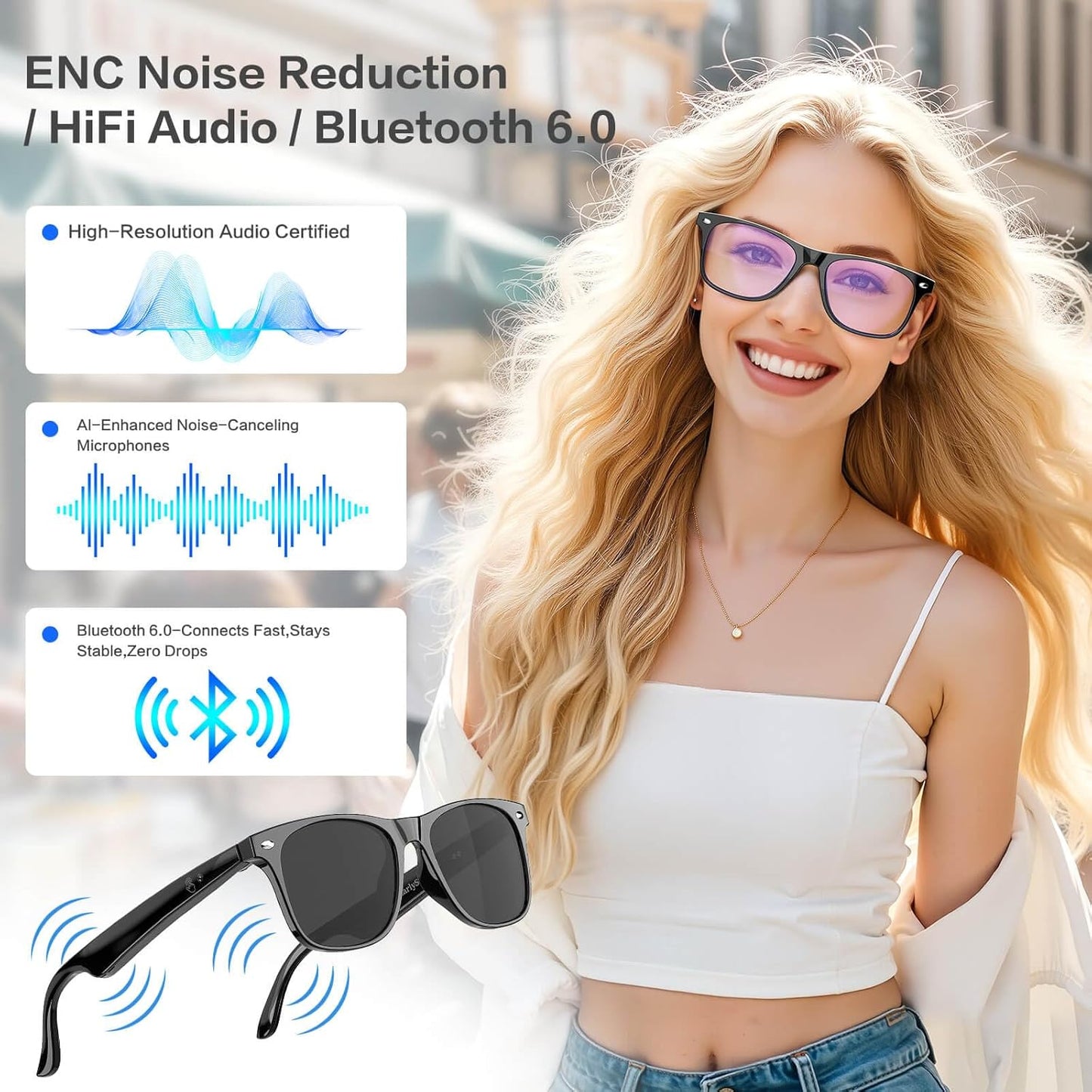 2025 AI Translation Smart Glasses for Men Women,7 Day Ultra-Long Standby,Anti-Blue Light/UV400,Bluetooth Glasses with 163 Translation,IP65 Waterproof,Multifunctional Sunglasses for Android iOS Black