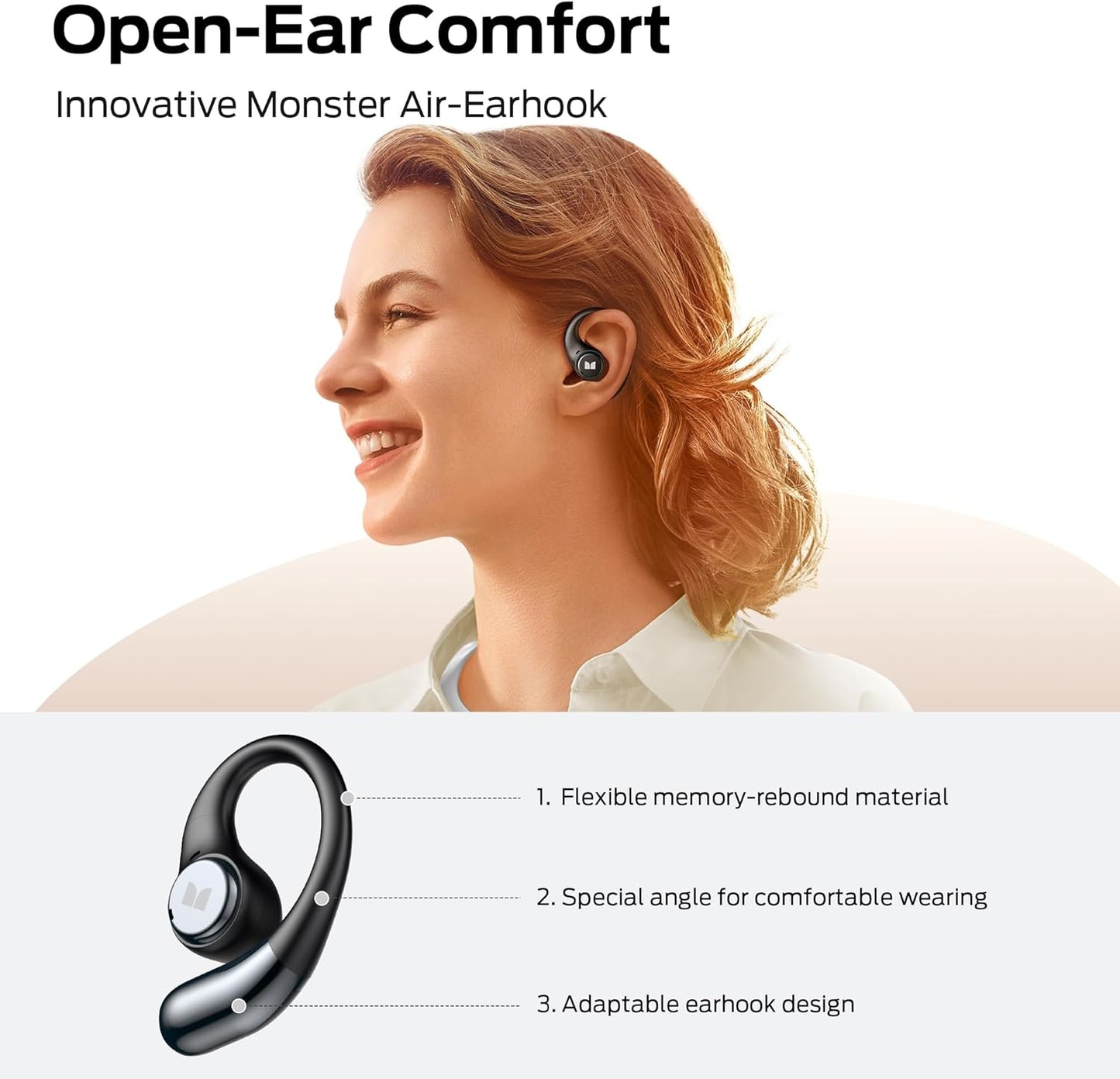 Monster Open Ear AC336 Headphones, Bluetooth 6.0 Wireless Earbuds with Stereo Sound, ENC Clear Call, 21H Playtime, Type-C Charging, Touch Control, IPX6 Waterproof Open Ear Earbuds for Outdoor