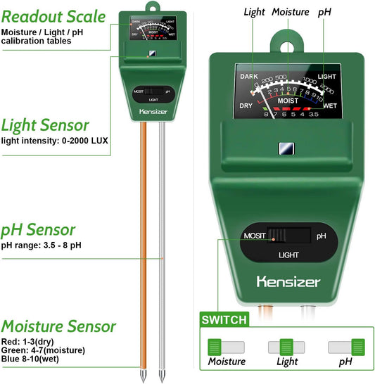 Kensizer Soil Tester, 3-in-1 Soil Moisture/Light/pH Meter, Gardening Tool kit for Plants Care, Digital Plant Thermometer, Water Meter for Indoor & Outdoor, No Battery Required