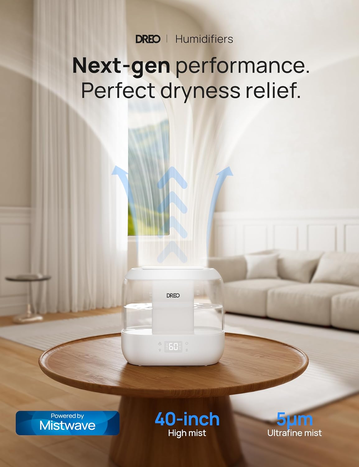 Dreo Smart Humidifiers for Bedroom, Top Fill 4L Supersized Cool Mist Humidifier with Nightlight, 36H Runtime, Touch/APP/Voice Control, 28 dB Quiet Ultrasonic Humidifiers for Large Room, Baby, Plants