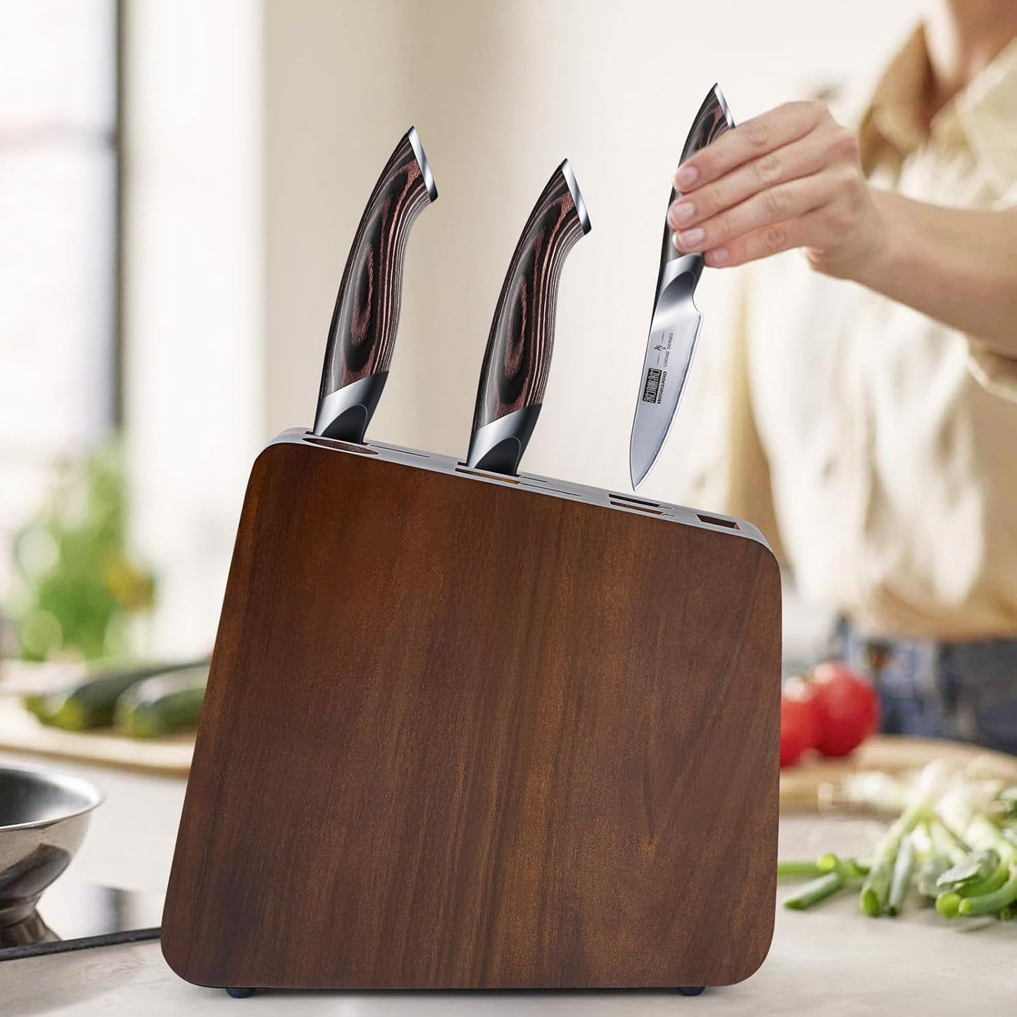 HOSHANHO Magnetic Knife Block 14 x 10 Inches, Double Sided Magnetic Knife Holder Rack for Kitchen Counter, Acacia Wood Magnetic Knife Storage Stand with Knife Sharpener