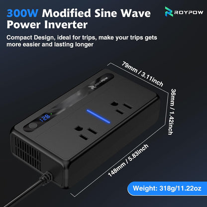 RoyPow 200W Car Power Inverter, DC 12V to 110V AC Power Inverter with Cigarette Lighter Port, Car Plug Adapter Outlet with 3.4A USB-A, QC3.0 24W, PD 30W, PD 36W, Dual AC Outlets, Car Charger Adapter