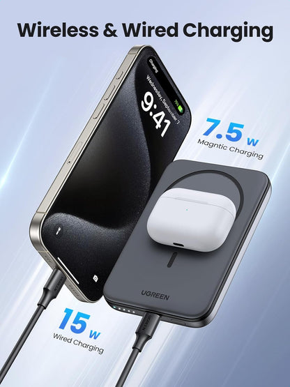 UGREEN Magnetic Power Bank 5000mAh, 15W USB C PD Fast Charge Portable Charger Compatible with iPhone 16 Pro Max, 15,14 Plus, 13, 12 Series with 60W 0.5M Cable, Black