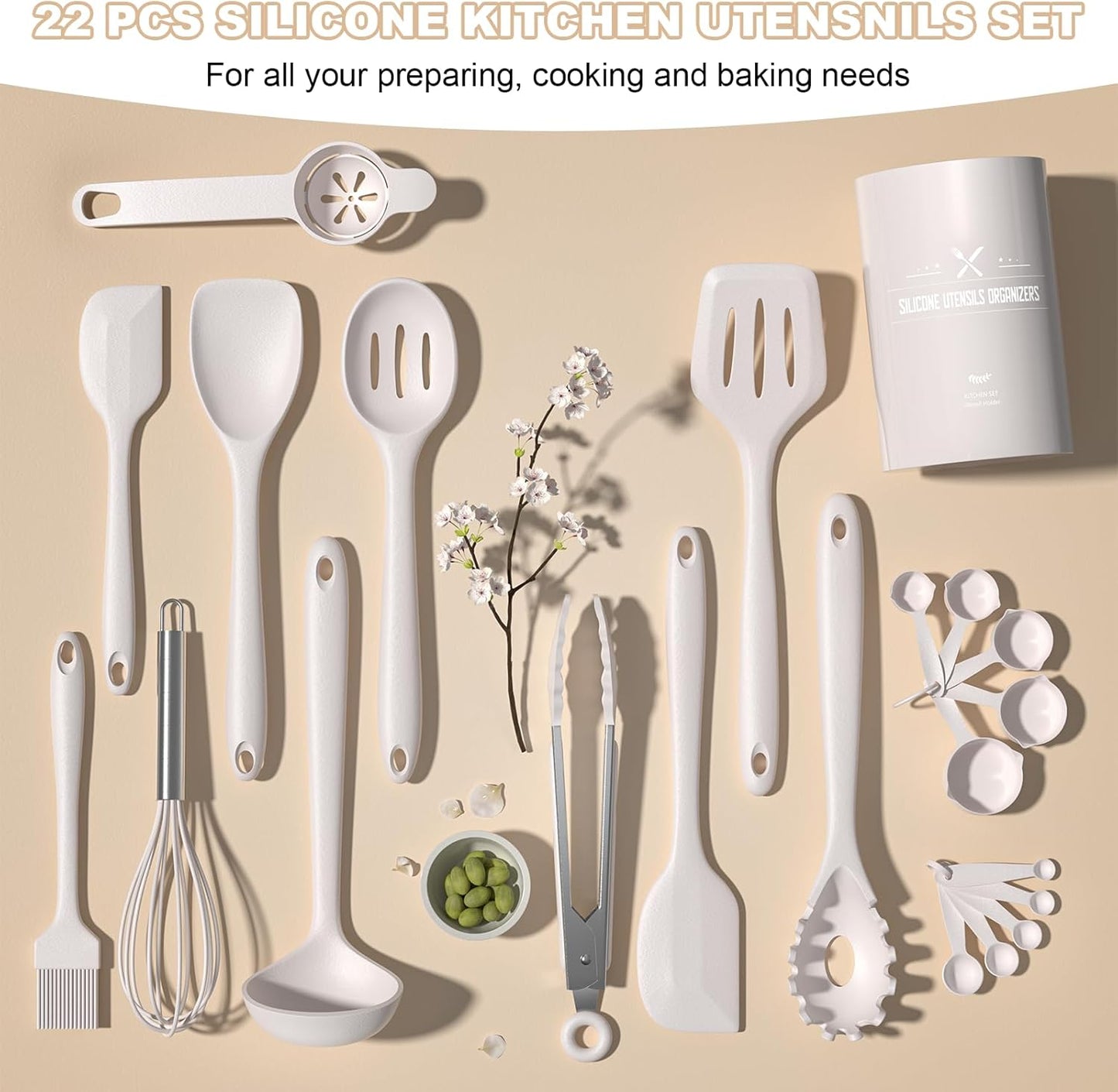 Silicone Kitchen Cooking Utensils Set, Umite Chef 22Pcs Heat Resistant Kitchen Utensils, Spatula, Spoon, Whisk, Dishwasher Safe Kitchen Utensil Gadgets Tools Set for Nonstick Cookware(Khaki)