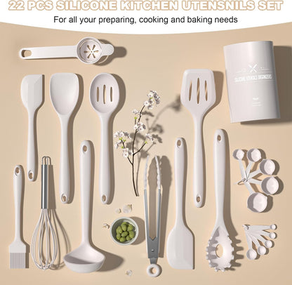Silicone Kitchen Cooking Utensils Set, Umite Chef 22Pcs Heat Resistant Kitchen Utensils, Spatula, Spoon, Whisk, Dishwasher Safe Kitchen Utensil Gadgets Tools Set for Nonstick Cookware(Khaki)