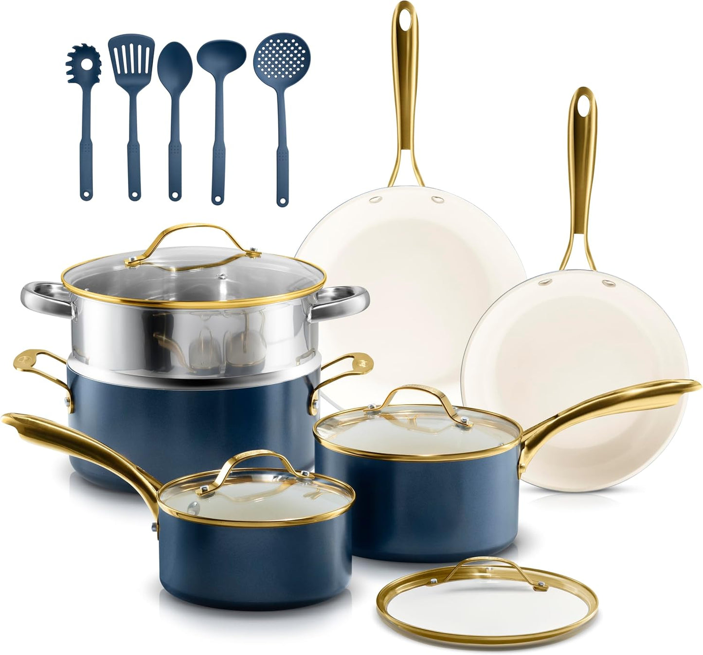 Gotham Steel 15 Pc Ceramic Pots and Pan Set, Non Stick Cookware Set with Steamer and Cooking Utensils, Non Toxic PFOA PFOS Free, Gold Stay Cool Handles, Oven and Dishwasher Safe
