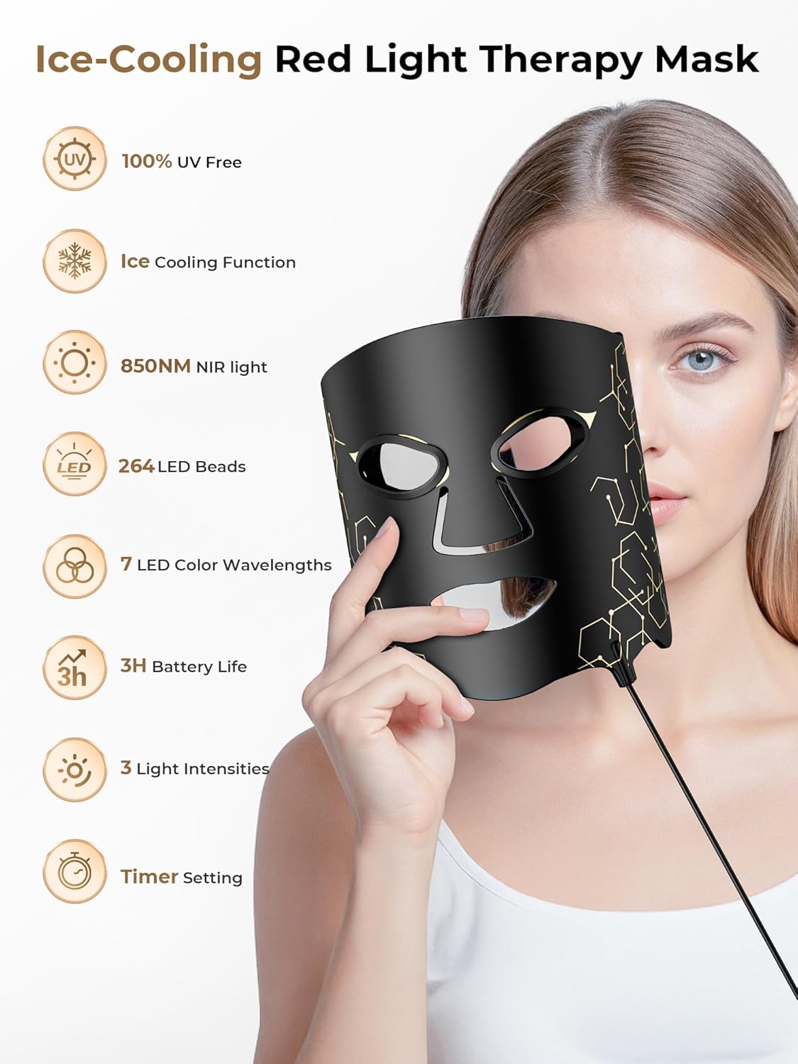 LED Light Therapy Mask (E106A) for Face with high-frequency laser, LED Light Therapy Mask with Adjustable Brightness and Timer, Soft Silicone Red Light Therapy Mask for Wrinkle & Acne Treatment Home & Travel, Black