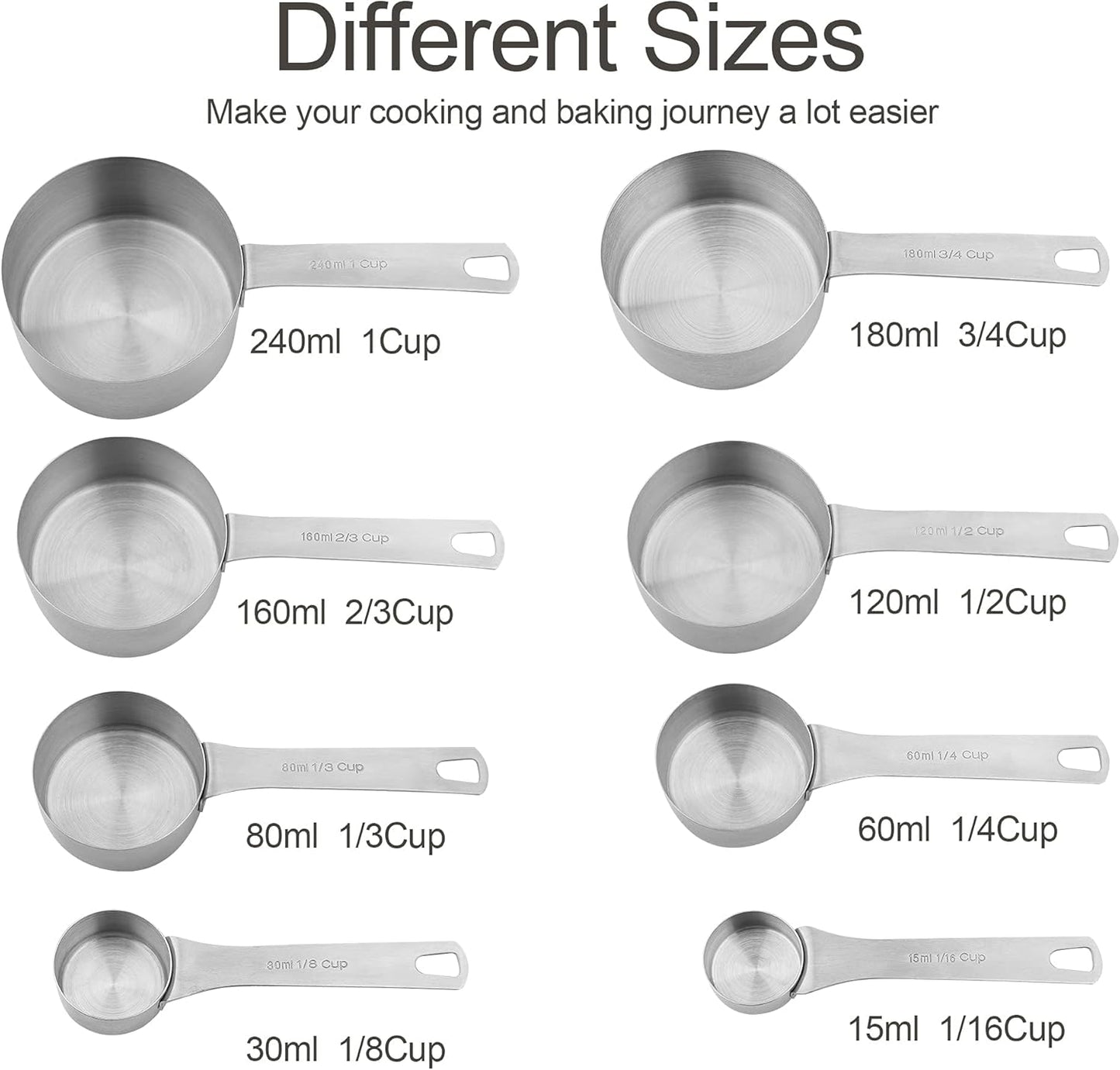Smithcraft Measuring Cup Set of 8 Stainless Steel Measuring Cups18/8(304) Steel Material Heavy Duty 8 Measuring Cups and 1 Ring Set of 9