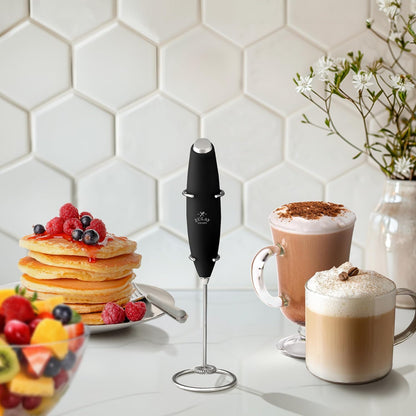 Zulay Kitchen Powerful Double Whisk Milk Frother Handheld - Foam Maker with Stand - Whisk Drink Mixer for Coffee, Mini Foamer for Latte, Matcha, Frappe, Hot Chocolate & Cappuccino (Black)