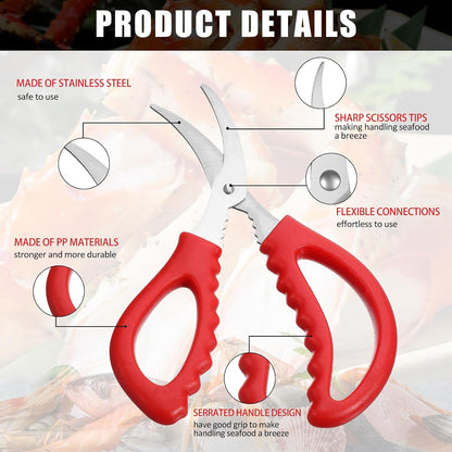 Gisafai 20 Pcs Kitchen Seafood Scissors for Crab Bulk,Leg Scissors Multifunctional Stainless Steel Shears Crab Leg Crackers Fish Shrimp Lobster Tools for Kitchen Seafood Peeling (Red)
